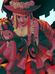 Rule 34 | 1girl, black eyes, blunt bangs, breasts, cleavage, crown, dress, drill hair, evil smile, flower, hat, hat flower, highres, holding, holding stuffed toy, holding umbrella, large breasts, leaning forward, lipstick, long hair, looking at viewer, makeup, mlh7q, no pupils, one piece, perona, pink hair, raised eyebrow, red lips, red theme, saturated, shiny skin, simple background, smile, smug, solo, stuffed toy, top hat, umbrella, very long hair