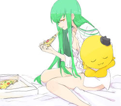 Rule 34 | 1girl, bed sheet, breasts, c.c., cheese-kun, code geass, eating, food, green hair, hair between eyes, holding, holding food, holding stuffed toy, long hair, medium breasts, mokeo, naked shirt, pizza, pizza box, pizza slice, shirt, simple background, sitting, solo, stuffed toy, white background, white shirt