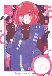Rule 34 | 1girl, absurdres, animal, black cat, blush stickers, border, cat, commentary request, haru57928031, highres, holding, holding animal, hood, hood down, hoodie, long sleeves, looking at viewer, medium hair, original, parted lips, purple hoodie, red eyes, red hair, solo, upper body, white border