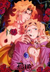 Rule 34 | 2boys, absurdres, blonde hair, bombyoon, dio brando, father and son, flower, giorno giovanna, green eyes, headband, highres, jojo no kimyou na bouken, ladybug ornament, long hair, long sleeves, male focus, multiple boys, red eyes, red flower, red rose, rose, scar, scar on neck, smile, stardust crusaders, stitched neck, stitches, vento aureo