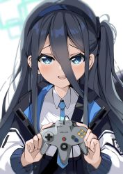 Rule 34 | 1girl, absurdres, aris (blue archive), blue archive, blue eyes, blue hair, blush, commentary request, controller, dark blue hair, game controller, hair between eyes, halo, headband, highres, jacket, long hair, long hair between eyes, melerdon, necktie, nintendo 64 controller, open mouth, school uniform, simple background, very long hair, white background