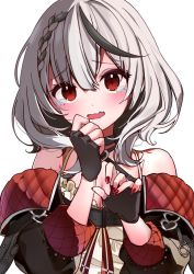 Rule 34 | 1girl, absurdres, belt, black gloves, black hair, black jacket, braid, breasts, camisole, choker, cleavage, fingerless gloves, front braid, gloves, highres, hololive, jacket, multicolored hair, nail polish, off shoulder, open mouth, red eyes, red nails, sakamata chloe, short hair, simple background, solo, tears, two-tone hair, virtual youtuber, white camisole, white hair, yoshioka pochi