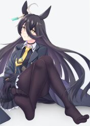 Rule 34 | 1girl, absurdres, ahoge, animal ears, black choker, black hair, black jacket, black pantyhose, black shirt, black skirt, choker, closed mouth, collared shirt, commentary request, crossed legs, earrings, feet, hair between eyes, highres, horse ears, horse girl, horse tail, jacket, jewelry, long hair, long sleeves, manhattan cafe (umamusume), multicolored hair, necktie, on ground, open clothes, open jacket, pantyhose, pleated skirt, rengkong, shirt, simple background, single earring, sitting, skirt, soles, solo, streaked hair, tail, toes, umamusume, very long hair, white background, white hair, yellow eyes, yellow necktie