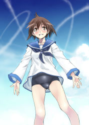 Rule 34 | 1girl, brown eyes, brown hair, cloud, contrail, day, grin, highres, miyafuji yoshika, satou atsuki, school swimsuit, school uniform, serafuku, short hair, sky, smile, solo, strike witches, swimsuit, swimsuit under clothes, world witches series