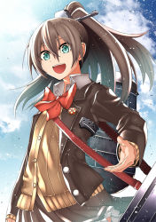 Rule 34 | 1girl, akane harurou, blazer, blue eyes, bow, bowtie, brown hair, brown jacket, brown skirt, cloud, day, frilled skirt, frills, hair between eyes, headgear, jacket, kantai collection, kumano (kancolle), long hair, long sleeves, open mouth, outdoors, ponytail, red bow, red bowtie, rigging, skirt, sky, solo, sweater vest