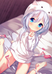 Rule 34 | 1girl, bare legs, barefoot, bed, blue eyes, blue hair, blurry, blurry background, blush, chinomaron, closed mouth, commentary request, condom, cum, depth of field, drawstring, dutch angle, egg vibrator, gluteal fold, gochuumon wa usagi desu ka?, hair between eyes, hair ornament, highres, hood, hood up, hooded jacket, jacket, kafuu chino, long hair, panties, panties around leg, pom pom (clothes), remote control vibrator, sex toy, sitting, smile, solo, sweat, underwear, used condom, vibrator, wariza, white jacket, white panties, x hair ornament