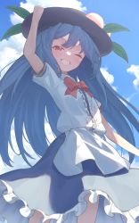 Rule 34 | 1girl, ;d, black hat, blouse, blue hair, blue skirt, blue sky, blush, bow, bowtie, center frills, cloud, cowboy shot, day, food, frills, from below, fruit, garasuno, grin, hat, highres, hinanawi tenshi, leaf, long hair, looking at viewer, one eye closed, open mouth, peach, puffy sleeves, red bow, red eyes, shirt, short sleeves, skirt, sky, smile, solo, touhou, very long hair, white shirt