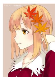 Rule 34 | 1girl, aki shizuha, blonde hair, border, brown background, dated, highres, jpeg artifacts, leaf, leaf on head, long sleeves, looking away, md5 mismatch, nagata nagato, orange eyes, portrait, profile, resized, resolution mismatch, short hair, simple background, smile, solo, source larger, text focus, touhou, upper body