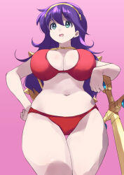 Rule 34 | 1girl, athena (series), bikini, breasts, cleavage, coveredcore, cowboy shot, curvy, from below, gem, green eyes, hand on own hip, highres, large breasts, leaning, long hair, navel, open mouth, pink background, princess athena, purple hair, red bikini, shield, simple background, snk, solo, swimsuit, sword, thigh gap, tiara, weapon