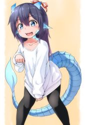 Rule 34 | 1girl, :d, blue eyes, blush, collarbone, commentary request, dragon girl, dragon tail, fang, fins, hair between eyes, head fins, highres, horn ornament, horn ribbon, horns, kagarimachi konatsu, leaf-chan, long hair, looking at viewer, open mouth, original, pantyhose, paw pose, purple hair, red ribbon, ribbon, scales, shirt, shirt tug, simple background, sleeves past wrists, smile, solo, tail, white shirt, yellow background