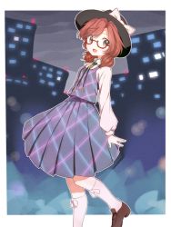 Rule 34 | 1girl, :d, blouse, brown eyes, brown hair, cityscape, glasses, hat, hat ribbon, low twintails, nekoze, open mouth, pleated skirt, ribbon, shirt, short hair, skirt, smile, solo, touhou, twintails, usami sumireko, vest