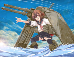 Rule 34 | 10s, 1girl, brown eyes, brown hair, cannon, cloud, day, hair ornament, hairclip, ikazuchi (kancolle), kantai collection, ocean, ocean prince, open mouth, outstretched arm, personification, school uniform, yumesato makura