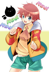 Rule 34 | 1boy, :&lt;, bad id, bad pixiv id, blue eyes, cat, ascot, green shorts, jacket, jude maverick, male focus, merii, red hair, shirt, shorts, smile, solo, wild arms, wild arms 4