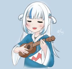 Rule 34 | blue background, blue hair, blue hoodie, blunt bangs, blush, closed eyes, gawr gura, grey hair, grey shirt, holding, holding instrument, hololive, hololive english, holomyth, hood, hoodie, instrument, medium hair, multicolored hair, music, open mouth, otaku cheng, playing instrument, sharp teeth, shirt, signature, simple background, streaked hair, teeth, twitter username, two-tone hair, two side up, ukulele, virtual youtuber