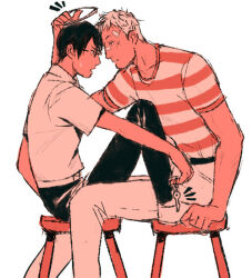 Rule 34 | 2boys, bandaid, bandaid on face, bandaid on forehead, bandaid on nose, couple, cross scar, face-to-face, facial scar, feet on chair, feet out of frame, from side, glasses, halo, holding, holding key, imminent kiss, kawabuchi sentarou, key, male focus, monochrome, multiple boys, nishimi kaoru, notice lines, red theme, sakamichi no apollon, scar, scar on cheek, scar on face, shirt, short hair, simple background, sitting, stool, striped clothes, striped shirt, sweatdrop, viibean, white background, yaoi