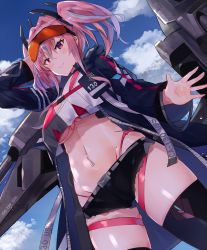 Rule 34 | 1girl, arm at side, azur lane, bad id, bad pixiv id, belt, bikini, bikini under clothes, black shorts, blue jacket, blue sky, bow, breasts, bremerton (azur lane), clothes writing, cloud, collarbone, commentary, commentary request, cowboy shot, dutch angle, eyewear on head, from below, from side, front-tie top, grey belt, grey hair, hair between eyes, hair bow, hair ornament, hairclip, highleg, highleg bikini, highres, jacket, large breasts, long hair, looking at viewer, mole, mole under eye, multicolored hair, navel piercing, nonon (xenonbot), partial commentary, piercing, pink bikini, pink eyes, pink hair, red-tinted eyewear, short shorts, shorts, sitting, sky, smile, solo, standing, streaked hair, sunglasses on head, swimsuit, thighs, tinted eyewear, twintails, two-tone hair, two-tone shirt, x hair ornament
