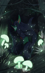 Rule 34 | bad id, bad pixiv id, closed mouth, commentary request, creatures (company), dark, emuenuon, forest, game freak, gen 8 pokemon, glowing mushroom, grass, grimmsnarl, highres, looking at viewer, mushroom, nature, night, nintendo, orange eyes, outdoors, pokemon, pokemon (creature), solo, standing, tree