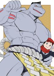 Rule 34 | 2boys, abs, absol (dkqthf), bara, belt, biceps, black hair, blush, brown eyes, creatures (company), fang, feet out of frame, game freak, gen 1 pokemon, hat, large pectorals, loincloth, loincloth lift, looking at viewer, machoke, male focus, male underwear, manly, mature male, multiple boys, muscular, muscular male, nintendo, pectorals, pokemon, pokemon legends: arceus, red eyes, rei (pokemon), scarf, simple background, smile, smirk, teeth, thick arms, thick thighs, thighs, tongue, topless male, underwear, veins, veiny arms