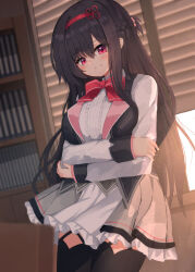 Rule 34 | 1girl, absurdres, arms under breasts, black hair, black thighhighs, black vest, blurry, blush, bow, braid, breasts, center frills, closed mouth, commentary, cowboy shot, crossed arms, depth of field, eyes visible through hair, french braid, frilled skirt, frills, hair between eyes, hairband, hamidashi creative, highres, indoors, kamakura shio, large breasts, light particles, light rays, long hair, long sleeves, looking at viewer, miniskirt, nodoameyatou, red bow, red eyes, red hairband, school uniform, shirt, sidelocks, skirt, smile, solo, split mouth, standing, straight hair, sunbeam, sunlight, thighhighs, tsurime, very long hair, vest, white shirt, white skirt, window, zettai ryouiki