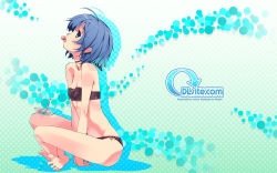 Rule 34 | 1girl, ahoge, aqua background, bandeau, barefoot, bikini, blue eyes, blue hair, bow, bow bikini, bowl, breasts, choker, cleavage, dlsite.com, eating, elle sweet, feet, food, fork, from side, gradient background, green background, halftone, halftone background, head tilt, highres, indian style, light particles, looking at viewer, lowleg, lowleg bikini, matching hair/eyes, mouth hold, navel, profile, purple bikini, refeia, ribbon, ribbon choker, shadow, short hair, sitting, small breasts, soles, solo, spread toes, swimsuit, toes, tongue, tongue hold, tongue out, transparent, v arms, wallpaper, watermark, web address