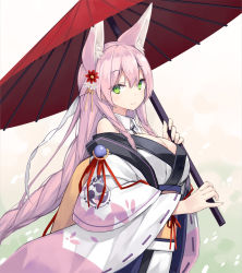 Rule 34 | 1girl, animal ear fluff, animal ears, bare shoulders, braid, breasts, cleavage, closed mouth, commentary request, flower, fox ears, fox girl, green eyes, hair between eyes, hair flower, hair ornament, hair over shoulder, highres, holding, holding umbrella, japanese clothes, kimono, large breasts, long hair, long sleeves, looking at viewer, looking to the side, mitsudomoe (shape), momoyama tsutsune, obi, off shoulder, oil-paper umbrella, original, pink hair, poco (asahi age), red umbrella, ribbon-trimmed sleeves, ribbon trim, sash, smile, solo, tomoe (symbol), twin braids, umbrella, very long hair, white kimono, wide sleeves