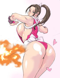 Rule 34 | 1girl, ass, breasts, curvy, fatal fury, feet out of frame, fire, heart, huge ass, large breasts, leotard, leotard under clothes, lips, long hair, millefeuille, ponytail, red leotard, shiny skin, shiranui mai, snk, solo, sweat, the king of fighters, thong, very long hair, wide hips