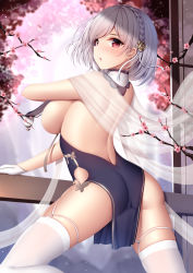 Rule 34 | 1girl, :o, ass, azur lane, blush, braid, breast curtains, breasts, china dress, chinese clothes, dress, flower, from behind, garter straps, gloves, hair between eyes, hair ornament, highres, large breasts, looking at viewer, looking back, pelvic curtain, red eyes, revealing clothes, short hair, sideboob, sirius (azur lane), sirius (azure horizons) (azur lane), skindentation, solo, thighhighs, thighs, white gloves, white hair, white thighhighs, wsman