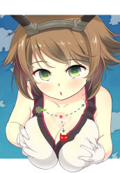 Rule 34 | 10s, 1girl, between breasts, blush, breast hold, breasts squeezed together, breasts, brown hair, bust cup, cleavage, close-up, gameplay mechanics, gloves, green eyes, hairband, highres, into-rain, kantai collection, large breasts, looking at viewer, mutsu (kancolle), open mouth, short hair, solo, umakuchi shouyu (into-rain)