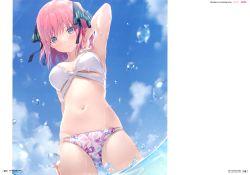 Rule 34 | 1girl, 3:, 6u (eternal land), absurdres, arm up, armpits, bare shoulders, bikini, blush, breasts, cloud, day, floral print, from below, go-toubun no hanayome, groin, hair ornament, highres, looking at viewer, medium breasts, multi-strapped bikini, nakano nino, navel, outdoors, pink hair, purple eyes, short hair, sky, solo, stomach, sunlight, swimsuit, thighs, wading, water, white bikini