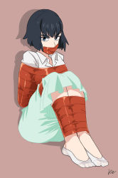 Rule 34 | 10s, 1girl, alternate hair length, alternate hairstyle, ankle socks, arms behind back, bdsm, black hair, blue eyes, blue skirt, bondage, bound, bound legs, casual, eyebrows, feet, feet together, full body, gag, gagged, highres, improvised gag, kill la kill, kiryuuin satsuki, legs together, long skirt, looking at viewer, lost one zero, no shoes, see-through, short hair, sitting, skirt, socks, solo, tape, tape bondage, tape gag, thick eyebrows, toes