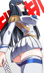 Rule 34 | 10s, 1girl, ass, bad id, bad pixiv id, black hair, blue eyes, breasts, epaulettes, hair ornament, hairclip, huge ass, impossible clothes, kill la kill, kiryuuin satsuki, large breasts, long hair, pleated skirt, skindentation, skirt, solo, thighhighs, uniform, white thighhighs, yusukesan, zettai ryouiki