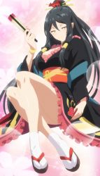 Rule 34 | 1girl, absurdres, arifureta shokugyou de sekai saikyou, ass, black hair, blush, breasts, cleavage, crossed legs, hand fan, highres, japanese clothes, kimono, large breasts, legs, legs together, long hair, nail polish, seductive smile, shoes, smile, socks, stitched, tagme, third-party edit, tio clarce, very long hair