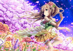 Rule 34 | 1girl, blue eyes, blue sky, brown hair, cherry blossoms, day, field, flower, flower field, hair flower, hair ornament, jewelry, long hair, looking away, looking back, midriff, necklace, official art, original, petals, shirt, short sleeves, skirt, sky, solo, tree, wind, yuya (night lily)