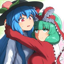 Rule 34 | 2girls, black headwear, blue hair, blush, bow, breasts, closed mouth, commentary, dress, frilled bow, frilled ribbon, frills, fruit hat ornament, green eyes, green hair, hair between eyes, hair bow, hair ribbon, hat, hat ornament, hinanawi tenshi, kagiyama hina, large breasts, long hair, long sleeves, multiple girls, open mouth, peach hat ornament, red bow, red dress, red eyes, red ribbon, ribbon, shirosato, shirt, slit pupils, touhou, white shirt