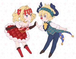 Rule 34 | 1boy, 1girl, bare shoulders, black footwear, blonde hair, blue eyes, blue pants, brother and sister, castor (fate), dress, fate/grand order, fate (series), gemini (constellation), jewelry, leaning forward, long sleeves, medium hair, necklace, official art, pants, parted lips, patterned background, pollux (fate), red dress, red footwear, shirt, shoes, short hair, siblings, smile, standing, strapless, strapless dress, umishima senbon, vest, white shirt