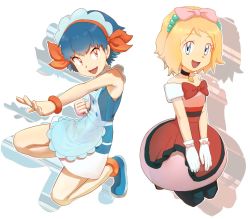 Rule 34 | 2girls, :d, blonde hair, blue eyes, blue hair, breasts, creatures (company), dress, game freak, gloves, hairband, looking at viewer, miette (pokemon), multiple girls, nintendo, nyonn24, open mouth, pantyhose, pokemon, pokemon (anime), pokemon performer, pokemon xy (anime), serena (pokemon), short hair, simple background, sleeveless, smile, white background, white gloves