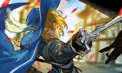 Rule 34 | 1girl, belt, black belt, black gloves, black shirt, blonde hair, blue cape, blue hat, cape, cavalier hat, closed mouth, commentary request, day, don quixote (project moon), gloves, hair between eyes, hat, highres, holding, holding rapier, holding sword, holding weapon, limbus company, long sleeves, looking at viewer, nishikujic, one eye closed, outdoors, petals, plume, project moon, red petals, shirt, short hair, solo, star-shaped pupils, star (symbol), sword, symbol-shaped pupils, weapon, yellow eyes