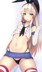 Rule 34 | 10s, 1girl, black panties, blonde hair, blush, elbow gloves, gloves, gradient background, hairband, highres, kantai collection, long hair, looking at viewer, miniskirt, navel, open mouth, panties, patterned legwear, shimakaze (kancolle), skirt, solo, souma (ordures), stomach, striped clothes, striped thighhighs, thighhighs, two-tone stripes, underwear, white gloves, yellow eyes