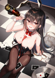 1girl :d @_@ alcohol animal_ears bare_arms bare_shoulders black_hair black_leotard bottle bow bowtie breasts brown_pantyhose card cleavage detached_collar fake_animal_ears feet_out_of_frame hairband highres holding holding_bottle large_breasts leotard lkeris long_hair looking_at_viewer on_floor open_mouth original pantyhose playboy_bunny playing_card pouring pouring_onto_self rabbit_ears red_eyes sitting smile solo strapless strapless_leotard tile_floor tiles very_long_hair wrist_cuffs