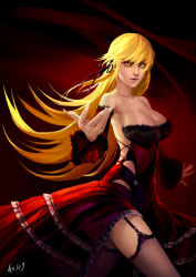 Rule 34 | 1girl, as109, backless outfit, bad id, bad pixiv id, bakemonogatari, bare shoulders, blonde hair, breasts, cleavage, detached sleeves, dress, fingernails, garter straps, highres, kiss-shot acerola-orion heart-under-blade, large breasts, legs, lips, long fingernails, long hair, monogatari (series), oshino shinobu, realistic, solo, thighhighs, thighs, yellow eyes