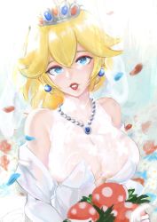 Rule 34 | 1girl, bare shoulders, blonde hair, blue eyes, bouquet, breasts, bridal veil, bride, cleavage, collarbone, dress, earrings, elbow gloves, eyelashes, eyeshadow, flower, gloves, highres, holding, holding bouquet, jewelry, large breasts, leaf, lips, looking at viewer, makeup, mario (series), medium hair, necklace, nintendo, parted lips, pearl necklace, pendant, petals, pink eyeshadow, piranha plant, plant, polka dot, ponytail, princess peach, see-through, solo, strapless, strapless dress, super mario odyssey, teeth, tiara, turtleneck, upper body, veil, vialnite, wedding dress, white dress, white gloves