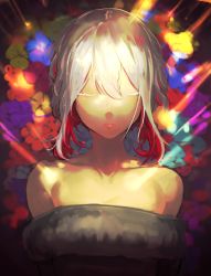Rule 34 | 1girl, absurdres, bad id, bad twitter id, bare shoulders, closed mouth, commentary request, closed eyes, facing viewer, flower, fur trim, hair between eyes, highres, lips, lying, multicolored hair, on back, original, pink lips, short hair, silver hair, solo, streaked hair, suisogenshi, upper body