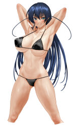 Rule 34 | 1girl, aqua eyes, armpits, arms behind head, arms up, bikini, black bikini, blue hair, blush, breasts, cleavage, closed mouth, commentary, covered erect nipples, cropped legs, feet out of frame, hair between eyes, highres, hohahiida, igawa asagi, large breasts, legs apart, long hair, looking at viewer, navel, puffy nipples, seductive smile, simple background, smile, solo, standing, stomach, string bikini, swimsuit, taimanin (series), taimanin asagi, thighs, v-shaped eyebrows, white background