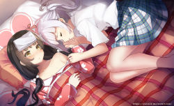 Rule 34 | 2girls, bare shoulders, bed, black hair, blanket, blunt bangs, collared shirt, commentary, dress shirt, english commentary, hair ornament, hand on another&#039;s arm, hand on own chest, highres, holding hands, knees up, long hair, low twintails, lying, multiple girls, on back, on side, original, pajamas, pillow, plaid, plaid skirt, ponytail, school uniform, shirt, shirt tucked in, sidelocks, silver hair, skirt, sleeping, towel, towel on head, twintails, under covers, vierzeck, white shirt, yellow eyes, yuri