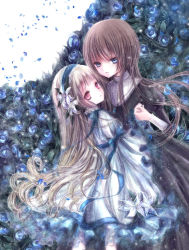 Rule 34 | 2girls, black dress, black hair, blonde hair, blue eyes, blue flower, blue ribbon, blue rose, commentary request, cover, cover page, dress, flower, frills, hair flower, hair ornament, hairband, highres, himemurasaki, holding hands, jewelry, juliet sleeves, light frown, lily (flower), lolita hairband, long hair, long sleeves, looking at another, looking at viewer, looking back, multiple girls, original, parted lips, pendant, petals, puffy sleeves, red eyes, ribbon, rose, very long hair, white dress, wide sleeves, yuri