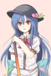 Rule 34 | 1girl, blue hair, blush, bow, collared shirt, dress, dress shirt, food, food on head, fruit, fruit on head, fuussu (21-kazin), hat, hinanawi tenshi, layered dress, long hair, looking at viewer, object on head, open mouth, peach, puffy short sleeves, puffy sleeves, red eyes, sash, shirt, short sleeves, solo, sword of hisou, touhou, very long hair