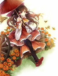Rule 34 | 1girl, ascot, black hair, black pantyhose, bow, brown eyes, bug, butterfly, crossed legs, detached sleeves, female focus, hagiwara rin, hair bow, hair tubes, hakurei reimu, holding, insect, japanese clothes, long hair, md5 mismatch, miko, nature, oil-paper umbrella, pantyhose, resolution mismatch, sitting, solo, source smaller, touhou, umbrella