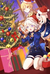 Rule 34 | 1boy, 2girls, aether (genshin impact), ahoge, blonde hair, blue eyes, blue hair, brown eyes, christmas, christmas tree, closed mouth, dot nose, furina (genshin impact), genshin impact, gift, goma aki, hair between eyes, heterochromia, highres, indoors, kneeling, looking at another, medium hair, multicolored hair, multiple girls, paimon (genshin impact), purple eyes, shorts, sitting, smile, surprised, thigh strap, white hair