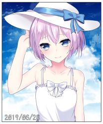 Rule 34 | 1girl, arm at side, arm up, bare arms, bare shoulders, blue bow, blue eyes, blue ribbon, blush, border, bow, cloud, commentary request, dated, day, dress, hand on headwear, hat, hat bow, hat ribbon, hikobae, kantai collection, looking away, pink hair, ponytail, ribbon, shiranui (kancolle), sleeveless, sleeveless dress, smile, solo, sun hat, upper body, white border, white bow, white dress, white hat