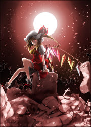 Rule 34 | 1girl, bad id, bad pixiv id, blonde hair, cross, female focus, flandre scarlet, graveyard, hat, kazetto, moon, one side up, outdoors, red eyes, short hair, side ponytail, sitting, sky, solo, embodiment of scarlet devil, touhou, wings